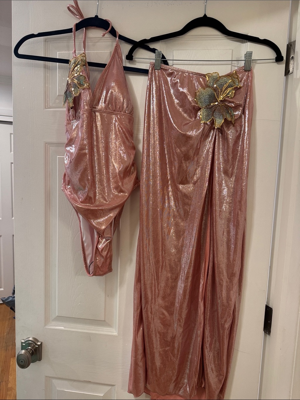 SHEIN Rose Gold Shimmer Two-Piece Halter Jumpsuit & Skirt Set